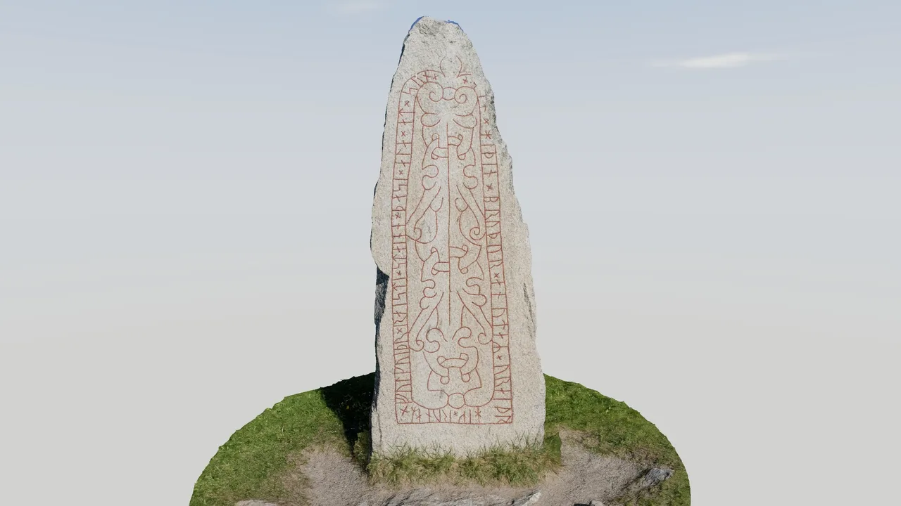 The camera close to the Anundshög runestone, with the first word of the inscription lit up