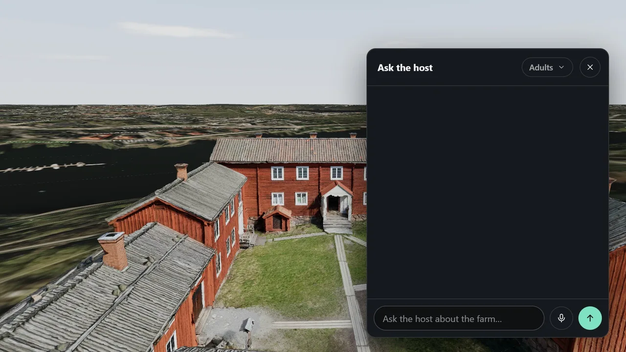 A free view of the Delsbogården farm at Skansen, where the AI agent names the building on screen